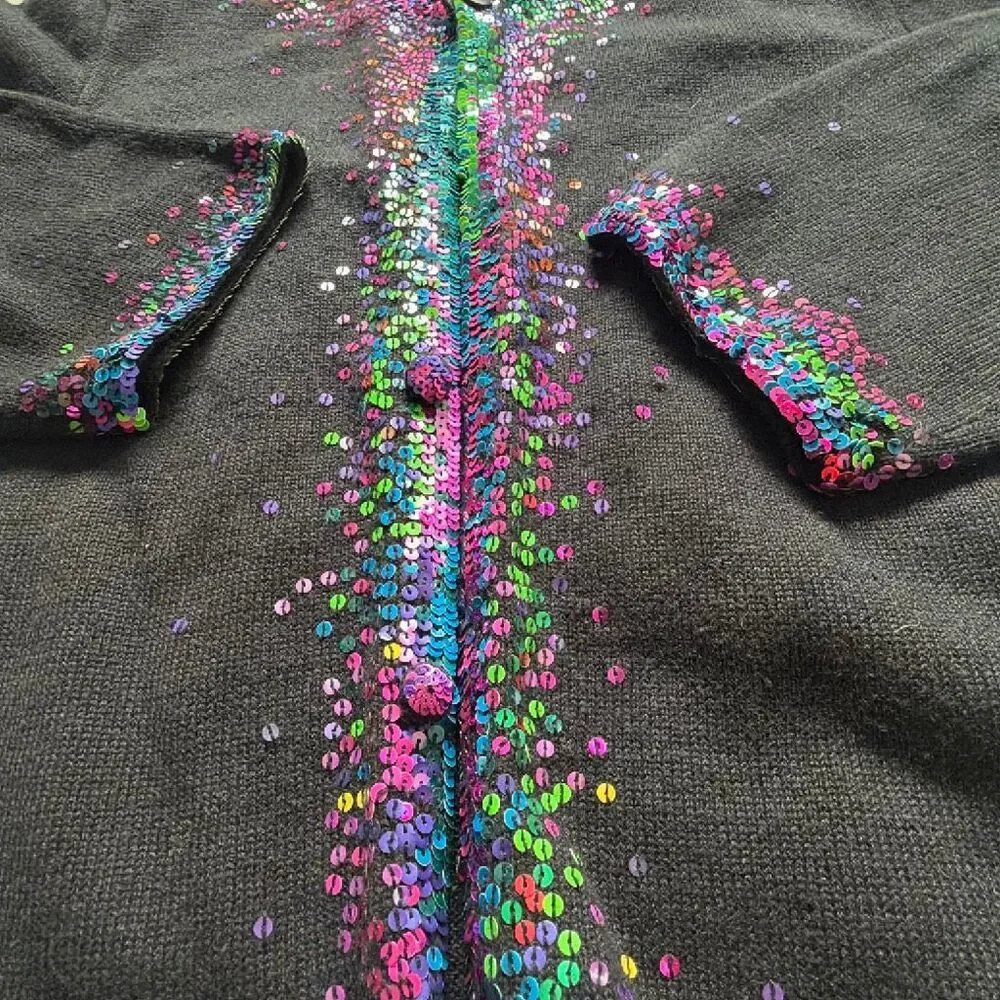 Vintage Michael Simon Rainbow Sequins Trimmed Black Cardigan Sweater Medium